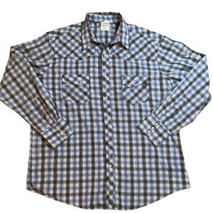 WRANGLER WRANCHER Plaid Blue Shirt Pearl Buttons Sz XL Men’s Cowboy Country‎